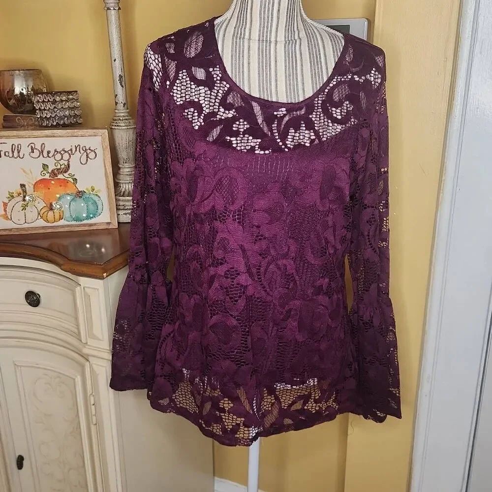 INC international concepts boho chic purple lace bell sleeves women's size L